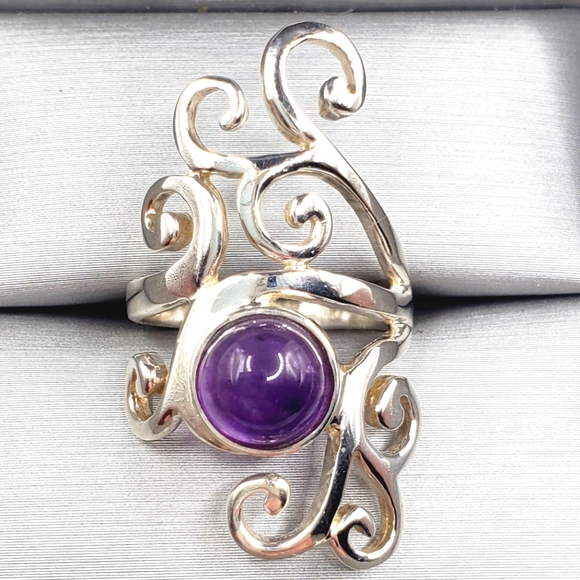 Genuine Round Bezel Set Purple Amethyst 925 Silver Swirl Design Statement Ring